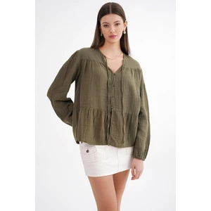 4563 Kadın Yakası Bağlamalı Kolu Lastikli Bol Müslin Gömlek Haki
