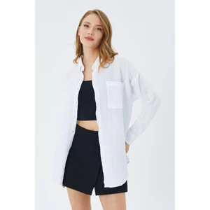 3833 Kadın Oversize Cepli Müslin Gömlek Beyaz