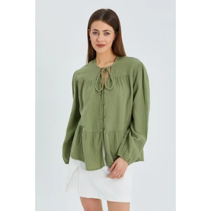4563 Kadın Yakası Bağlamalı Kolu Lastikli Bol Müslin Gömlek Çağla