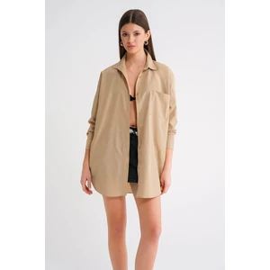 4053 Kadın Tek Cepli Oversize Basic Gömlek Bisküvi