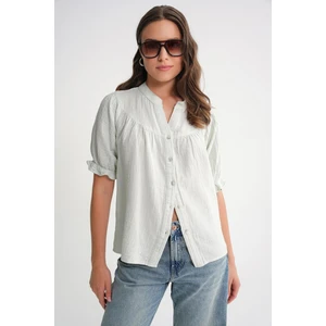 4725 Kadın Büzgü Robalı Kolu Fırfırlı Müslin Gömlek Adaçayı