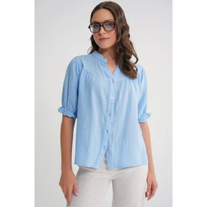 4725 Kadın Büzgü Robalı Kolu Fırfırlı Müslin Gömlek Bebe Mavi