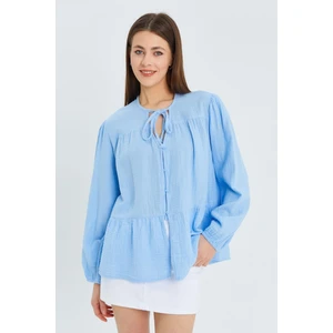 4563 Kadın Yakası Bağlamalı Kolu Lastikli Bol Müslin Gömlek Bebe Mavi