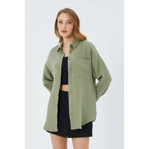 3833 Kadın Oversize Cepli Müslin Gömlek Çağla