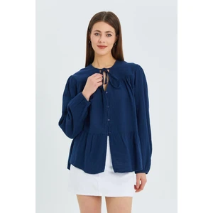 4563 Kadın Yakası Bağlamalı Kolu Lastikli Bol Müslin Gömlek Lacivert