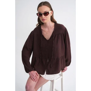 4563 Kadın Yakası Bağlamalı Kolu Lastikli Bol Müslin Gömlek Kahve