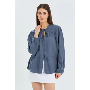 4563 Kadın Yakası Bağlamalı Kolu Lastikli Bol Müslin Gömlek Antrasit