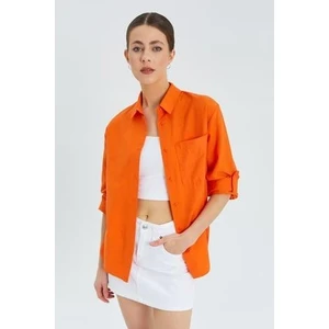 9942 Kadın Oxford Uzun Kol  Basic Gömlek Oranj