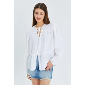 4563 Kadın Yakası Bağlamalı Kolu Lastikli Bol Müslin Gömlek Beyaz