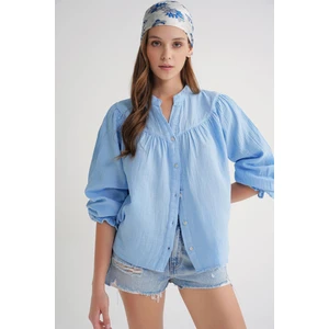 4733 Kadın Büzgü Robalı Uzun Kol Müslin Gömlek Bebe Mavi
