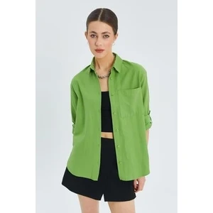 9942 Kadın Oxford Uzun Kol  Basic Gömlek Fıstık Yeşili