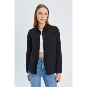 9942 Kadın Oxford Uzun Kol  Basic Gömlek Siyah