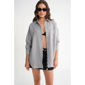 3833 Kadın Oversize Cepli Müslin Gömlek Gri