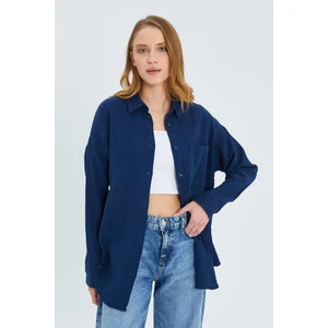3833 Kadın Oversize Cepli Müslin Gömlek Lacivert