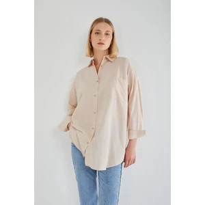 4053 Kadın Tek Cepli Oversize Basic Gömlek Taş