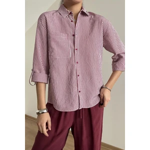 4655 Kadın Apolet Detaylı Ince Çizgili Gömlek Bordo