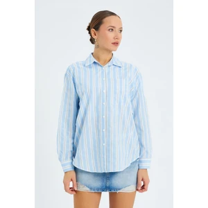 4605 Kadın Kalın Çizgili Gömlek Mavi