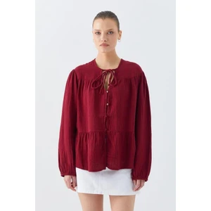 4563 Kadın Yakası Bağlamalı Kolu Lastikli Bol Müslin Gömlek Bordo