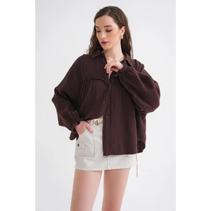 4677 Kadın Dantel Detaylı Müslin Gömlek Kahve