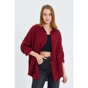 3833 Kadın Oversize Cepli Müslin Gömlek Bordo