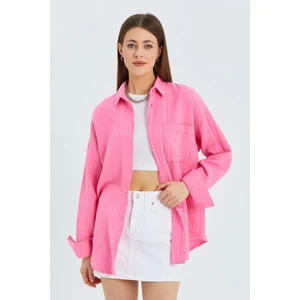 3833 Kadın Oversize Cepli Müslin Gömlek Pembe