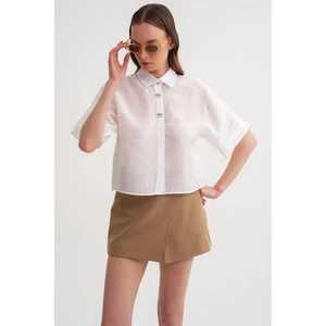 4663 Kadın Kombin Düğmeli Crop Gömlek Ekru