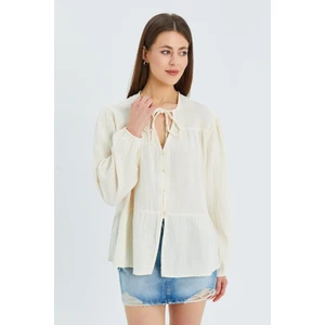 4563 Kadın Yakası Bağlamalı Kolu Lastikli Bol Müslin Gömlek Naturel