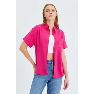 3950 Kadın Oxford Kısa Kollu Basic Gömlek Fuşya