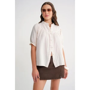 4725 Kadın Büzgü Robalı Kolu Fırfırlı Müslin Gömlek Naturel