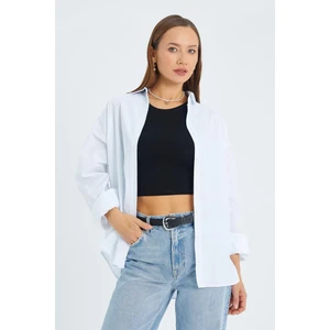 4618 Kadın Arkası Robalı Basic Gömlek Beyaz