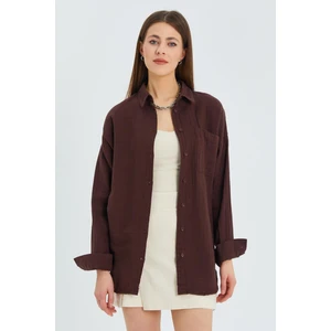 3833 Kadın Oversize Cepli Müslin Gömlek Kahve