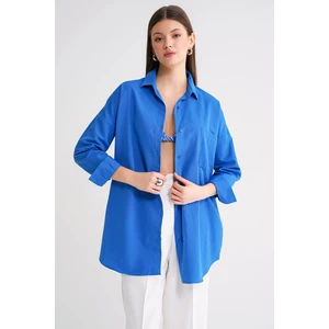 4053 Kadın Tek Cepli Oversize Basic Gömlek Mavi
