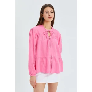 4563 Kadın Yakası Bağlamalı Kolu Lastikli Bol Müslin Gömlek Pembe