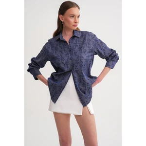 4675 Kadın Çiçek Baskılı Gömlek Indigo