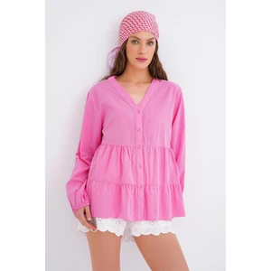 4637 Kadın Katlı V Yaka Yazlık Keten Gömlek Pembe