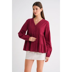 4637 Kadın Katlı V Yaka Yazlık Keten Gömlek Bordo