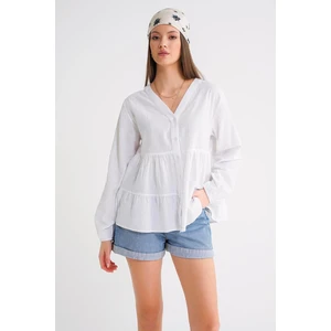 4637 Kadın Katlı V Yaka Yazlık Keten Gömlek Beyaz