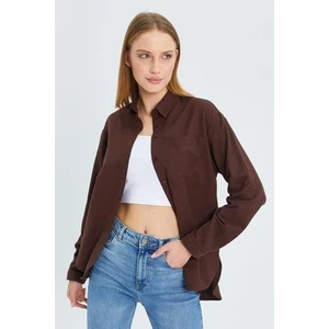 9942 Kadın Oxford Uzun Kol  Basic Gömlek Kahve