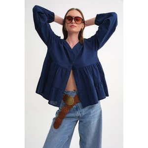 4637 Kadın Katlı V Yaka Yazlık Keten Gömlek Lacivert