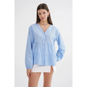 4637 Kadın Katlı V Yaka Yazlık Keten Gömlek Bebe Mavi