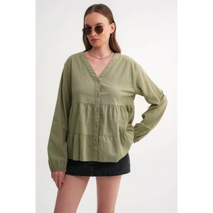 4637 Kadın Katlı V Yaka Yazlık Keten Gömlek Çağla