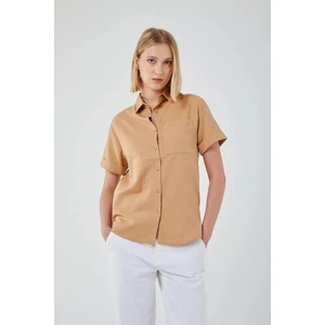 3950 Kadın Oxford Kısa Kollu Basic Gömlek Vizon