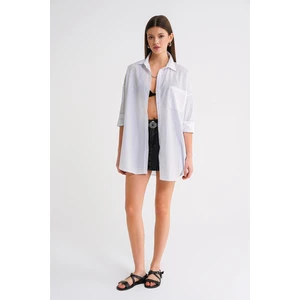 4053 Kadın Tek Cepli Oversize Basic Gömlek Beyaz
