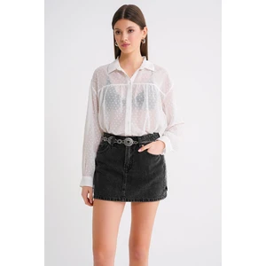 4678 Kadın Ince Desenli Robalı Yazlık Transparan Gömlek Beyaz