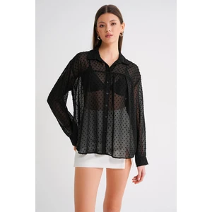 4678 Kadın Ince Desenli Robalı Yazlık Transparan Gömlek Siyah