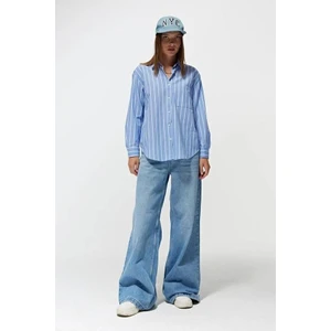 4367 Kadın Çizgili Oversize Gömlek Mavi