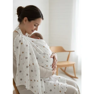 %100 Pamuklu Organik 4 Katlı Baskılı Müslin Kutulu Emzirme Örtüsü & Puset Örtüsü