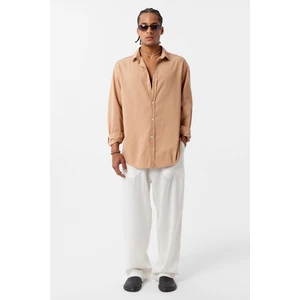 Basic Oversize Pamuk  Keten Gömlek Camel