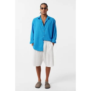 Basic Oversize Pamuk  Keten Gömlek Indigo