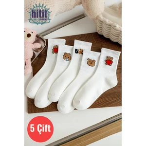Kadın 5 Çift Premium Kalite Beyaz Renkli Ayıcık ve Kalp Desenli Kısa Soket Çorap